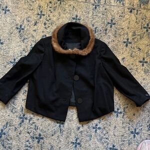 Vintage Black Wool Jacket with Brown Faux Fur Collar